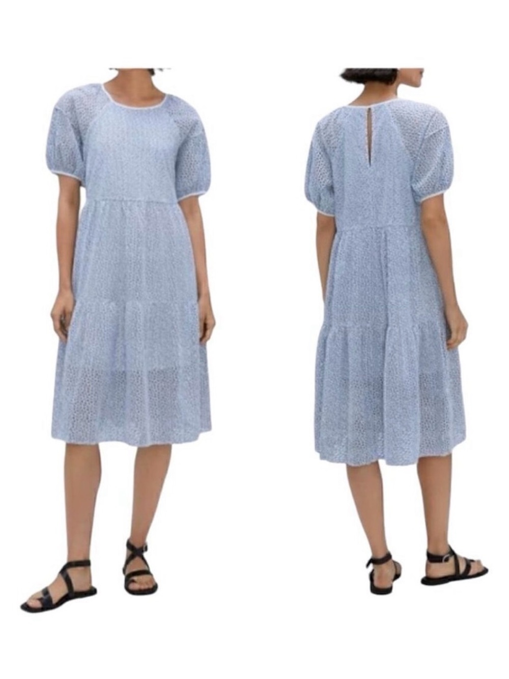 Everlane Light Blue Puff-Sleeve Tiered Midi Dress